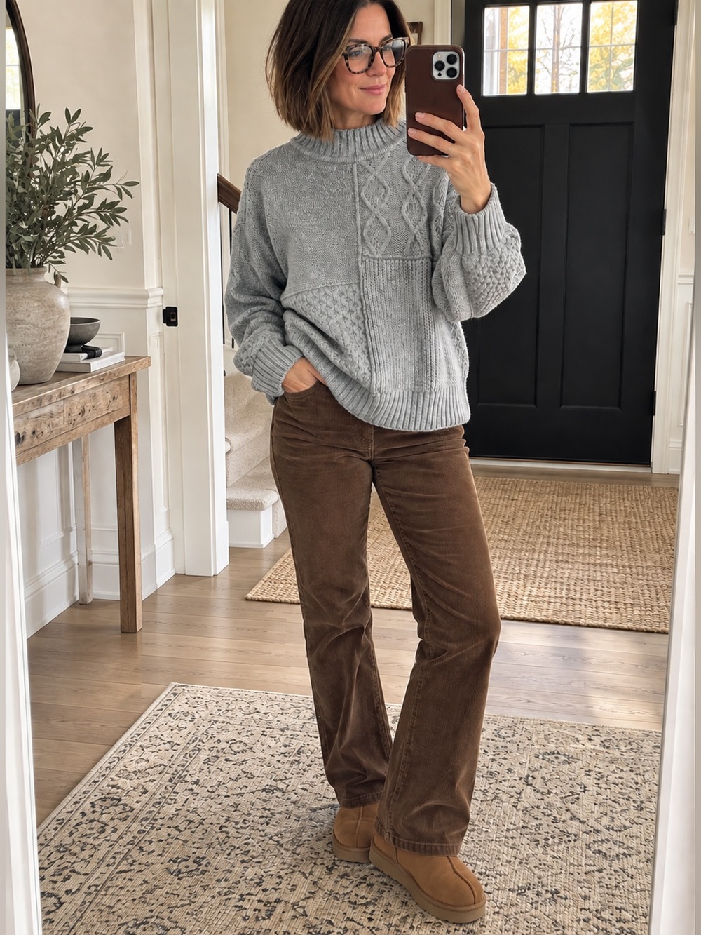 American Eagle Oversized Gray Patchwork Cable Knit Mock Neck Sweater Size Medium
